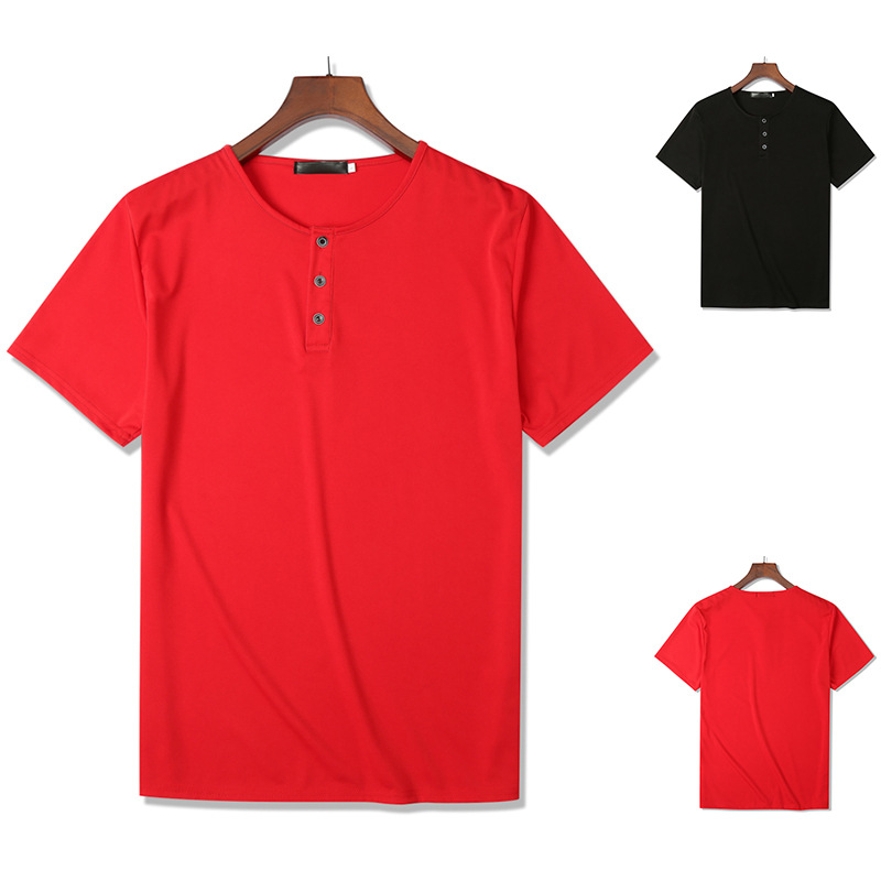 

Dropshipping Men 100% Cotton Loose T shirts Mens Fashion Casual Tees Button shirt Male New Korean Cotton T-shirts Tops, Red