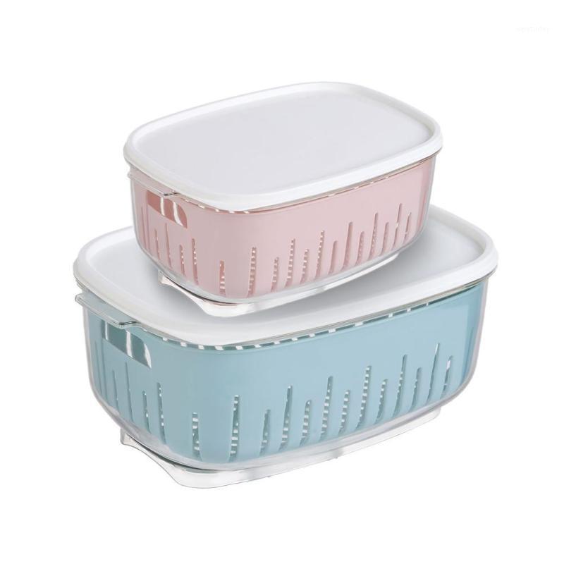 

Kitchen Refrigerator Storage Crisper Transparent Fresh-keeping Box With Lid Double-drain Plastic Rectangular Container1