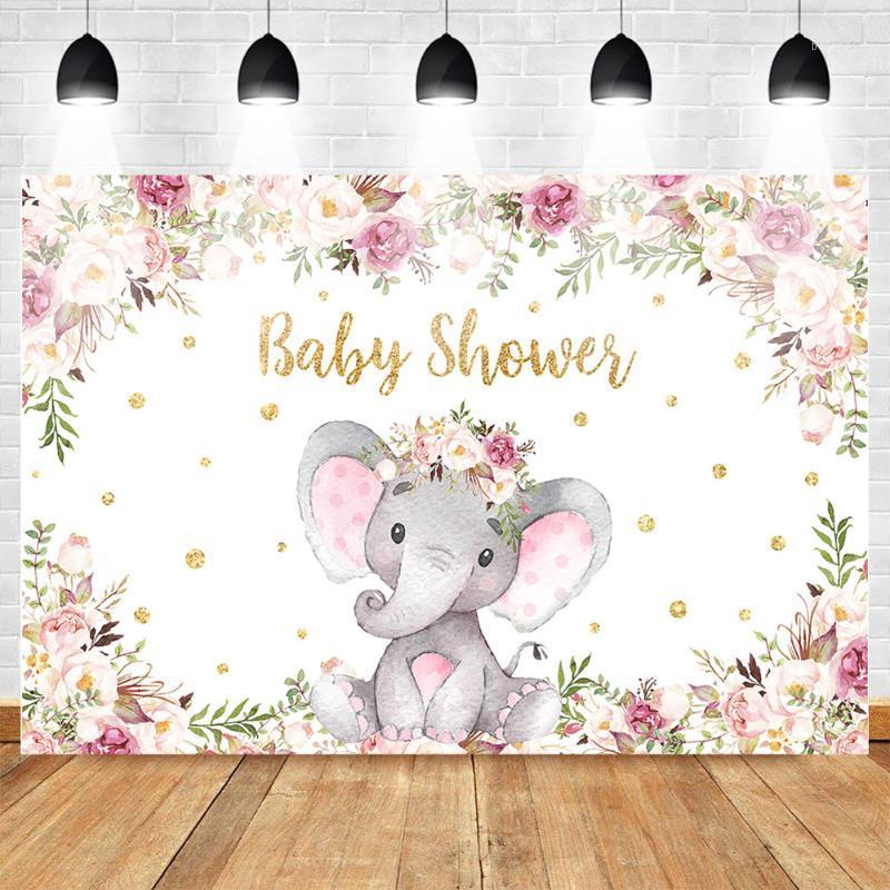 

Neoback Cute Elephant Style Baby Shower Backdrop Watercolor Flowers Newborn Party Background Gold Dessert Table Decor Props1