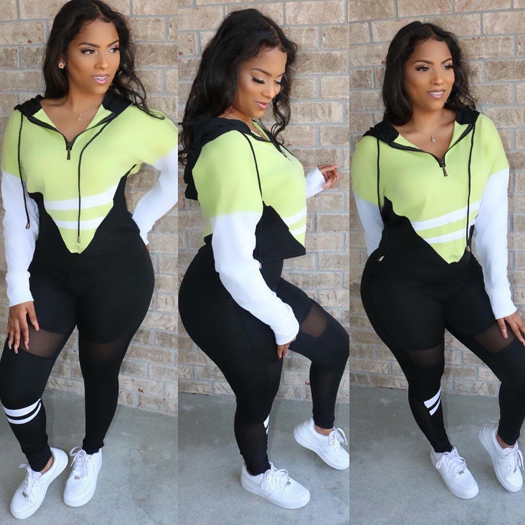 

2020 Hooded Patchwork Womens Designer Tracksuits Contrast Color Striped Slim Sport Fitness Casual Women Clothing 2 Pieces