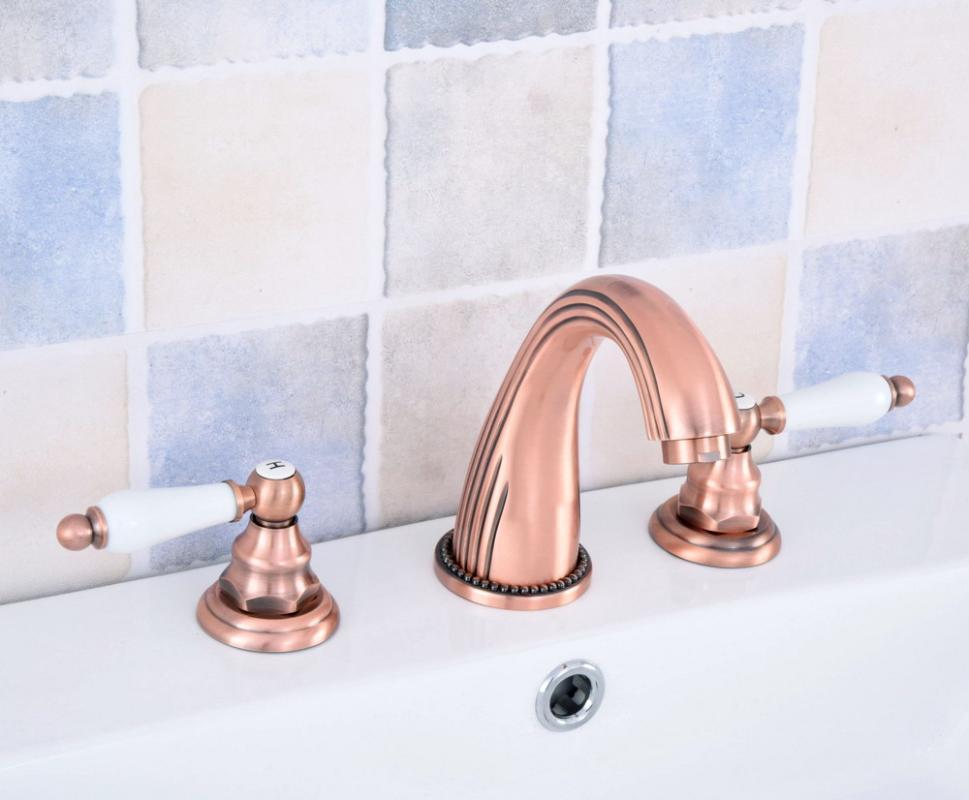 

Antique Red Copper Deck Mounted 3 Holes Widespread Bathroom Basin Faucet Dual Handle Bath Tub Sink Mixer Taps Wsf5381