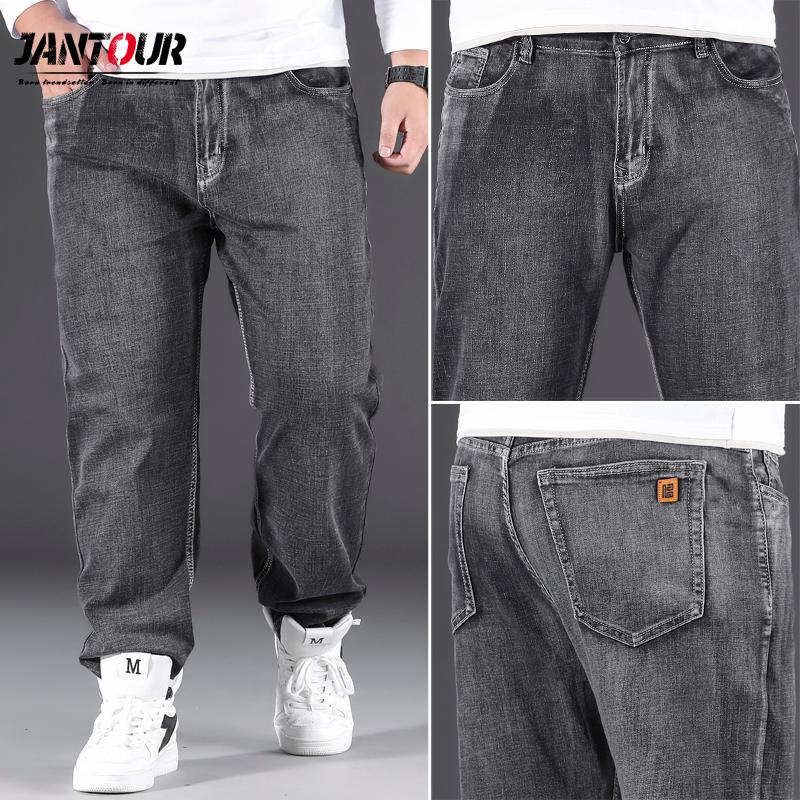 

Jantour 2021 Classic Style Men Brand Jeans Business Casual Loose Denim Wide Leg Pants Gray Trousers Male Oversized Size 40 42 44