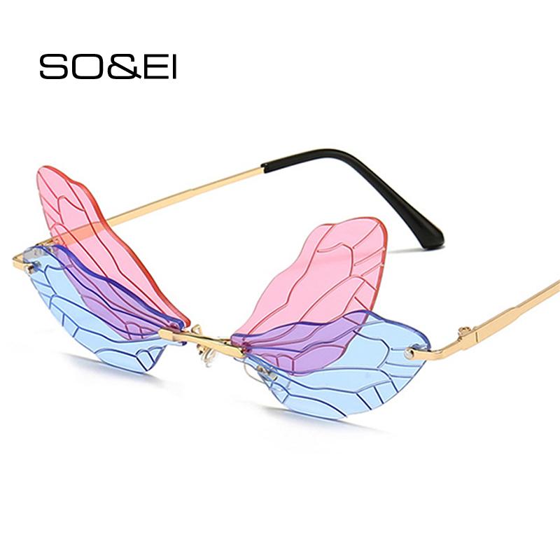 

SO&EI Fashion Rimless Dragonfly Wing Sunglasses Women Vintage Clear Ocean Lens Eyewear Men Pink Yellow Sun Glasses Shades UV400