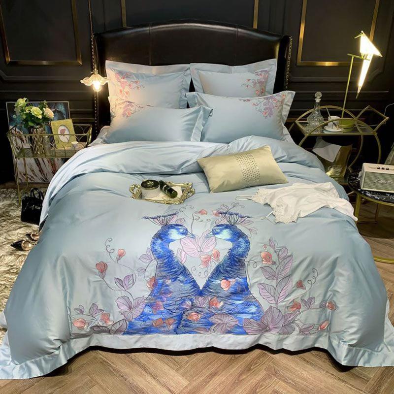 

Svetanya Peacock Silkly Egyptian Cotton Bedding Set Embroidery Queen King Size Duvet Cover Flat Fitted Sheet Pillow Shams, 20205013