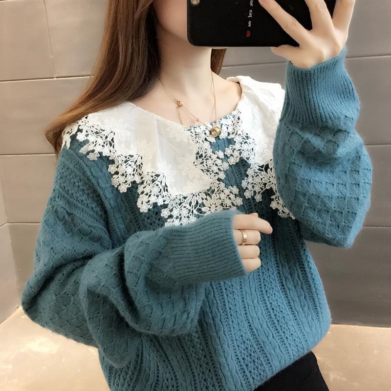 

2021 New spring women's blouses fashion lets off wear all game lace doll neck knitted sweater tops y525 FGAQ, Huang renhao