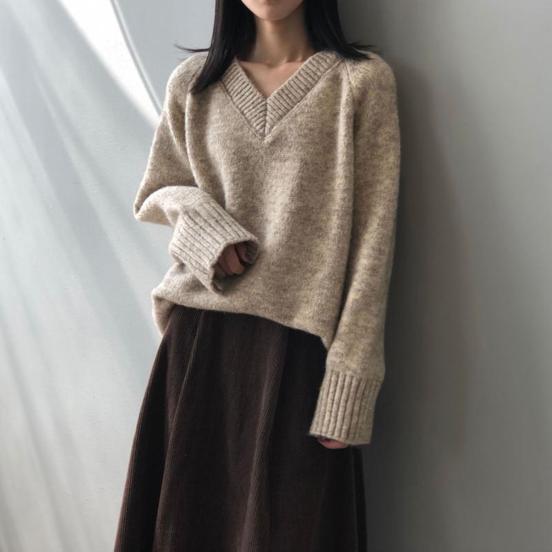 

2020 New Autumn Winter Women Sweater Soild Lazy Style Fashion Long Sleeve Pollovers Kintted V Neck Loose Female Casual Tops, Ivory