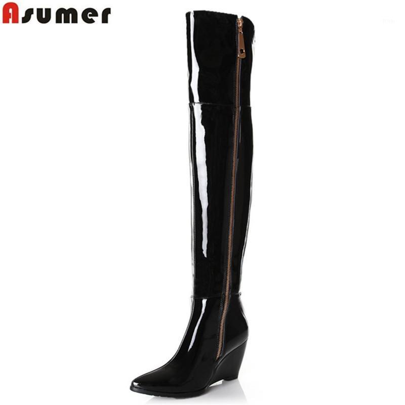 

ASUMER 2020 hot sale new arrive women boots fashion genuine leather over the knee boots pointed toe zipper wedges1, Black