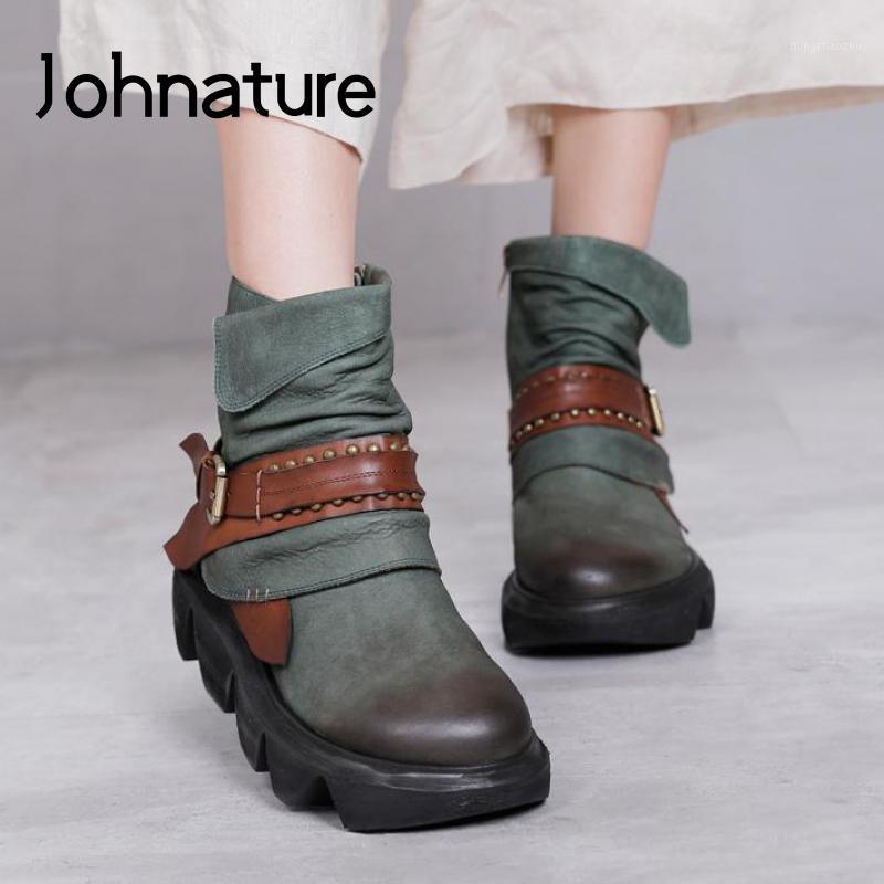 

Johnature Ankle Platform Boots Mixed Colors Genuine Leather Women Shoes Zip Round Toe 2020 New Retro Handmade Women Boots1, Green