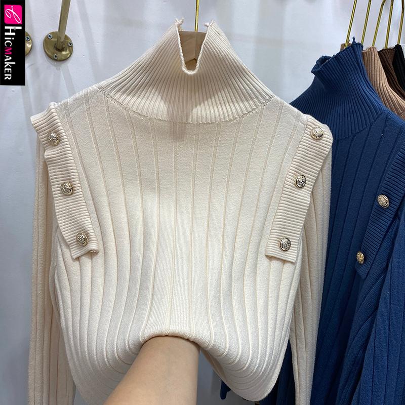 

Women High Neck Button Design Solid Chic Knitted Pullover Sweater, Black