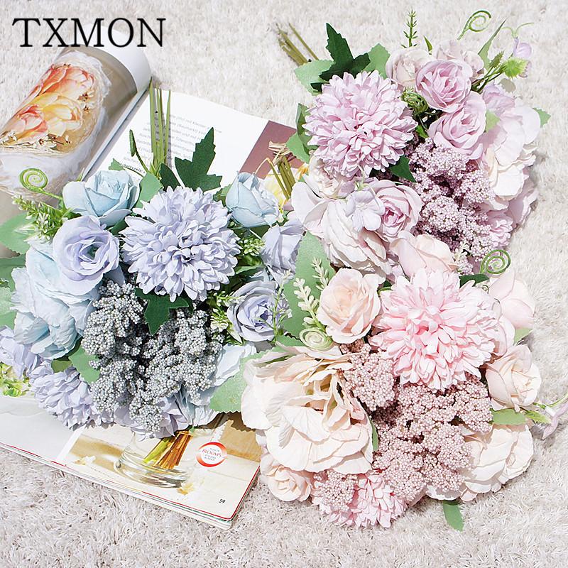 

31 cm Handmade hydrangea dandelion small rose flower bouquets feel artificial fake flower bride bouquet wedding decoration diy