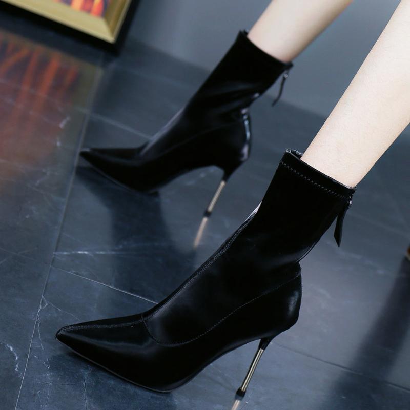 

2020 Sexy Pointed Toe Beige Stiletto High Heels Female Winter Temperament Back Zipper Mid-tube Boots Knight Boots Naked, Begie