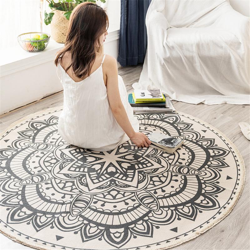 

90/120/150cm Bohemia Woven Rug Cotton Carpet Knitting Floor Mat Nordic Ethnic Style Round Large Area Rug Bedroom Decoration, Mandala