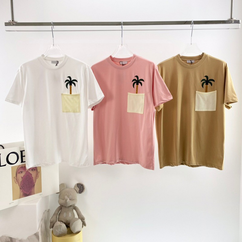 2021 Europe Spring Summer Spain Pocket Coconut Tree Embroidery Cotton Tee Skateboard Men t shirt Women Casual Tshirt