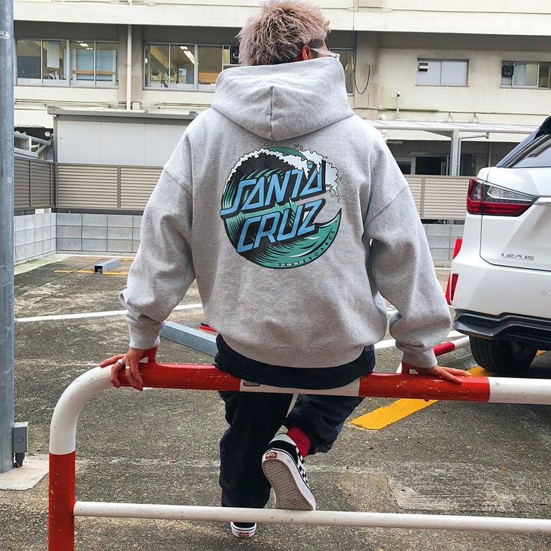 

Trendy hip hop surfboard Santa Cruz print Hooded Sweater loose coat, Black