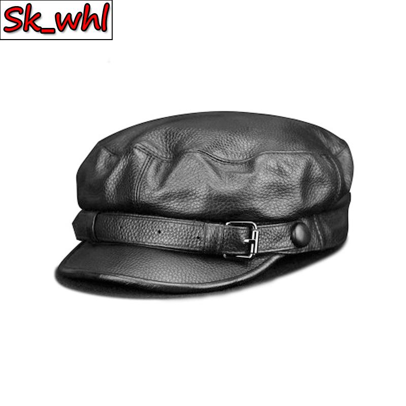

Fashion Women Men Real Cowhide Hat Sailor Hats Black Ladies Beret Caps Flat Top Captain Cap Travel Cadet Octagonal Hat