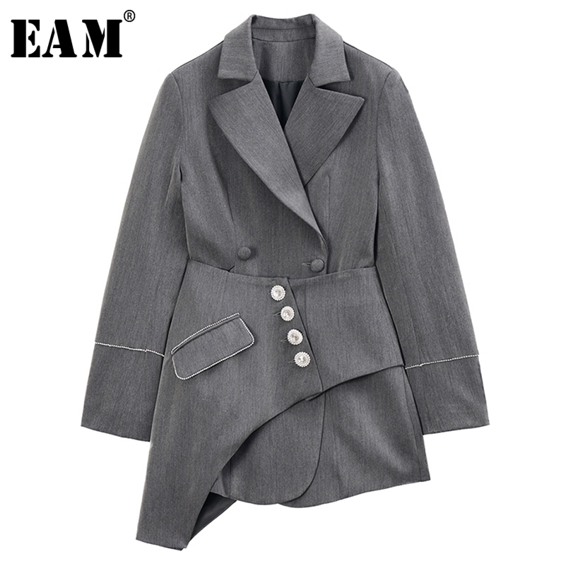 

[EAM] Loose Fit Gray Asymmetrical Stitch Two Piece Jacket New Lapel Long Sleeve Women Coat Fashion Tide Spring 1R741 201112