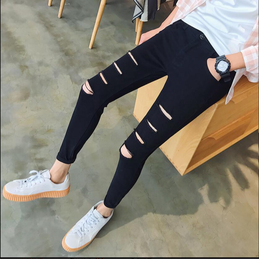 

2020 Size 26-38 Big Summer Knee Personality Knife Hole Men's Brim Thin Feet Stylist Hair Pants Singer Black Jeans Mh3l