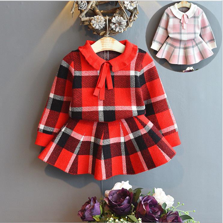 

Children Winter Suits England Style Sweater Girl Plaid Clothes Shirt Skirts 2Pcs Baby Autumn Clothes Sets, Red