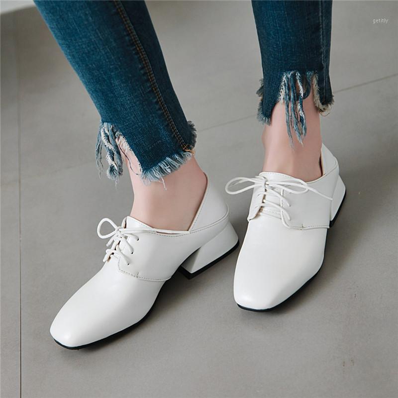 

YMECHIC Autumn 2021 Fashion Lace Up Ladies Shoes Low Medium Chunky Heels Square Toe White Black Gladiator Women Pumps Plus Size1