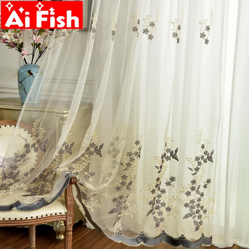 

Pastoral Luxury Gray flower embroidered window screen Tulle bottom lace with Velvet Sheer Curtains for living room drape wp450#5, Light yellow