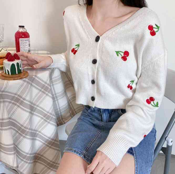 

Belle Poque Sweater Women Cherries Embroidery Tops Ladies Casual 3/4 Sleeve V-Neck Cropped Knitting Coat Knitwear Soft Jumper X0726, Ivory