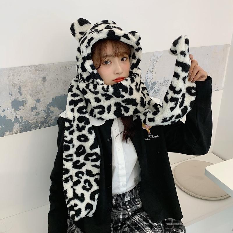 

Women Winter Warm Fuzzy Plush Scarf Hooded Hat Bear Ears Cow Print Earflap Cap 270D, Khaki