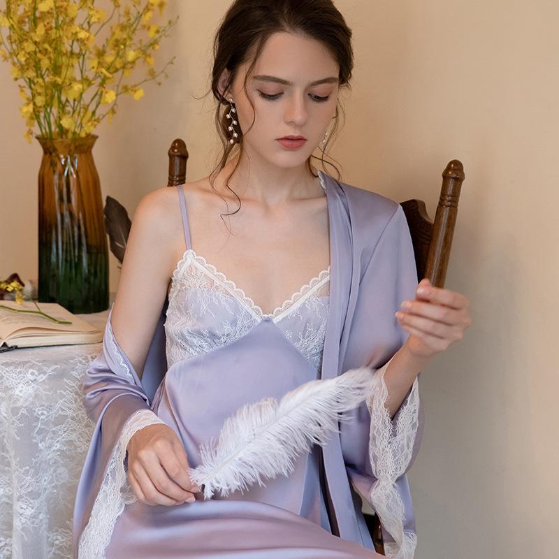 

Women Nightdress Set Spring And Autumn Lace Double Layer Stitching Suspender Dress Loose Long Sleeve Nightgown Two-Piece, Purple