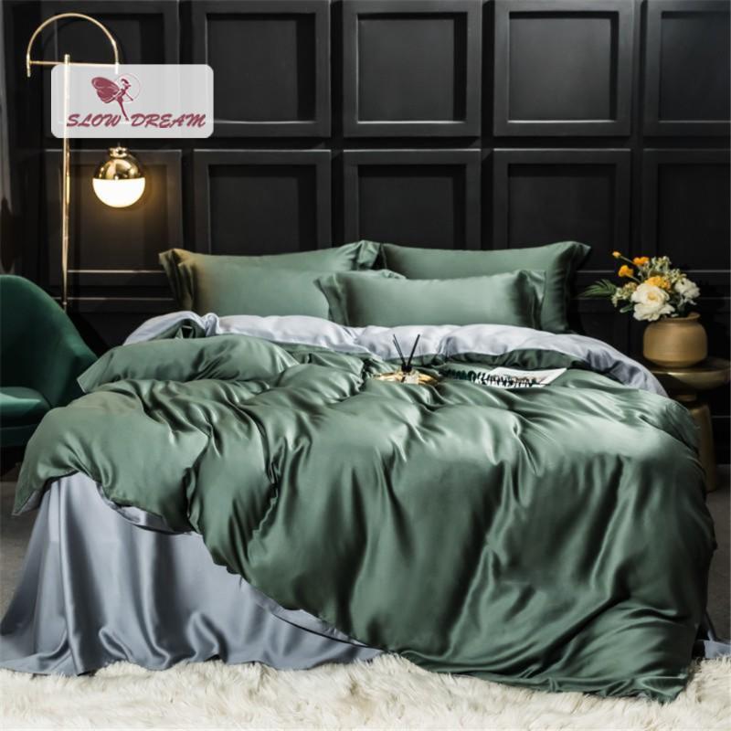 

SlowDream Green Gray 100% Silk Bedding Set Silky Beauty Healthy Quilt Cover Pillwocase  King Flat Sheet Or Fitted Sheet, 001