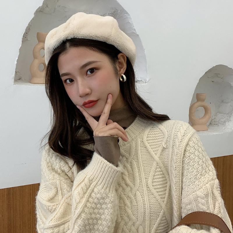 

Winter Warm faux Wool Beret Women Girls French Artist Beanie Hat Cap red black beige orange Kawaii Flat Top caps warmers, White