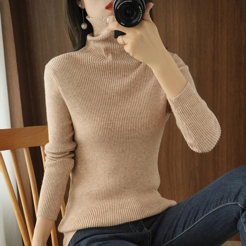 

2021 winter new pile pile collar wool sweater pullover women' sweater slim slimming high neck cashmere knitted bottoming shirt, Black