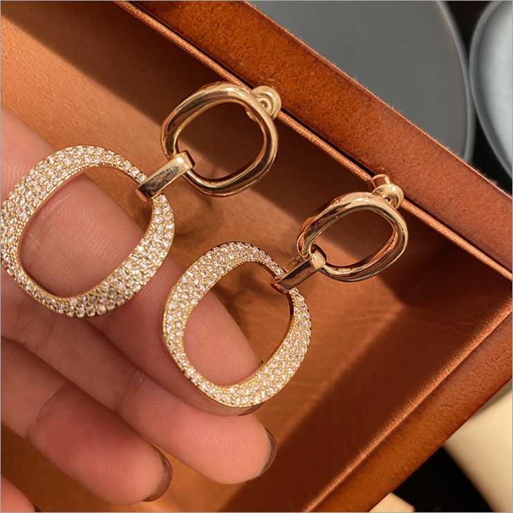 

Women Double ring earrings simple full zircon irregular texture oval earrings