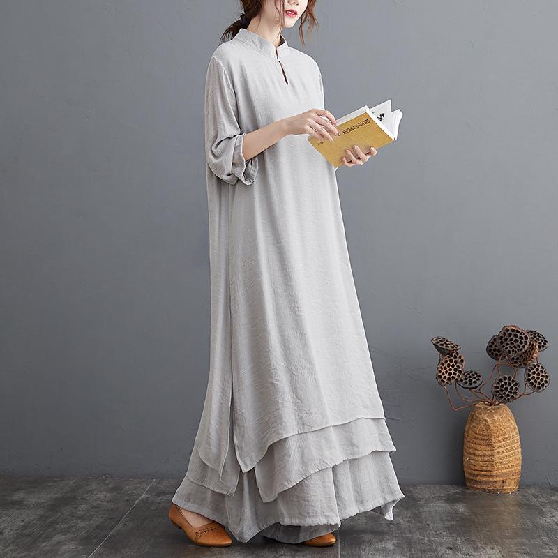 

Linen Dress Women Autumn Origional Chinese Style Artistic Retro Solid Color Stand Collar Long Sleeve Loose Casual Women Dress, Gray