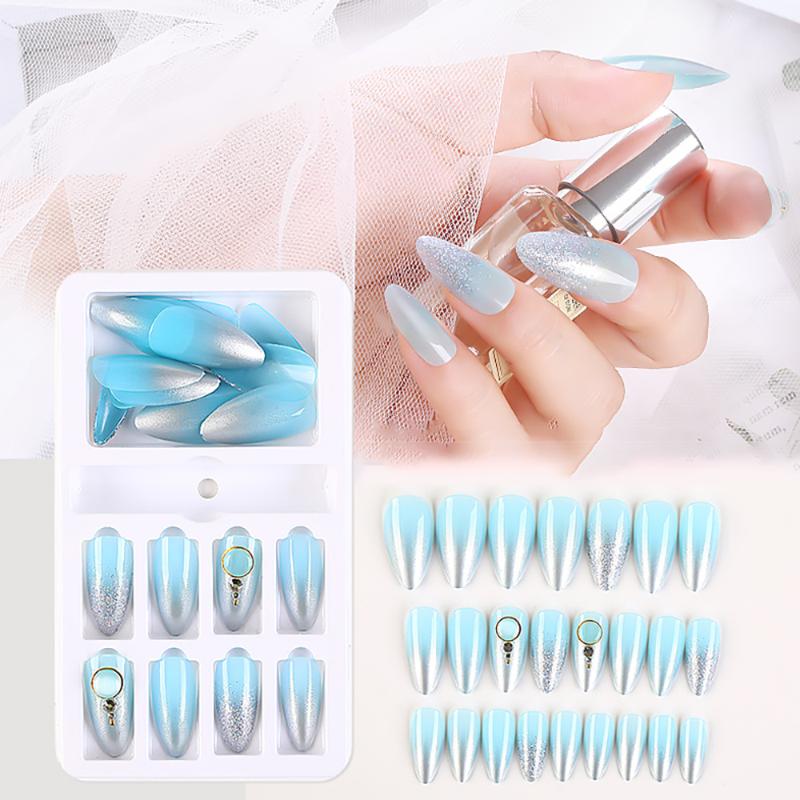 

24Pcs/Box False Nail With Glue Paper Glitter Mirror Aurora Full Cover Nail Tips Coffin Fake Nails Gradient DIY Decoration, F745-7