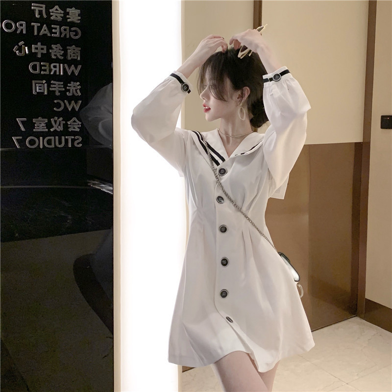 

2021 Vintage Sailor Short Korean Women' Only-breasted Sweet Spring Dress New Tall Waist Dressed in Student Sleeves LFSC, White
