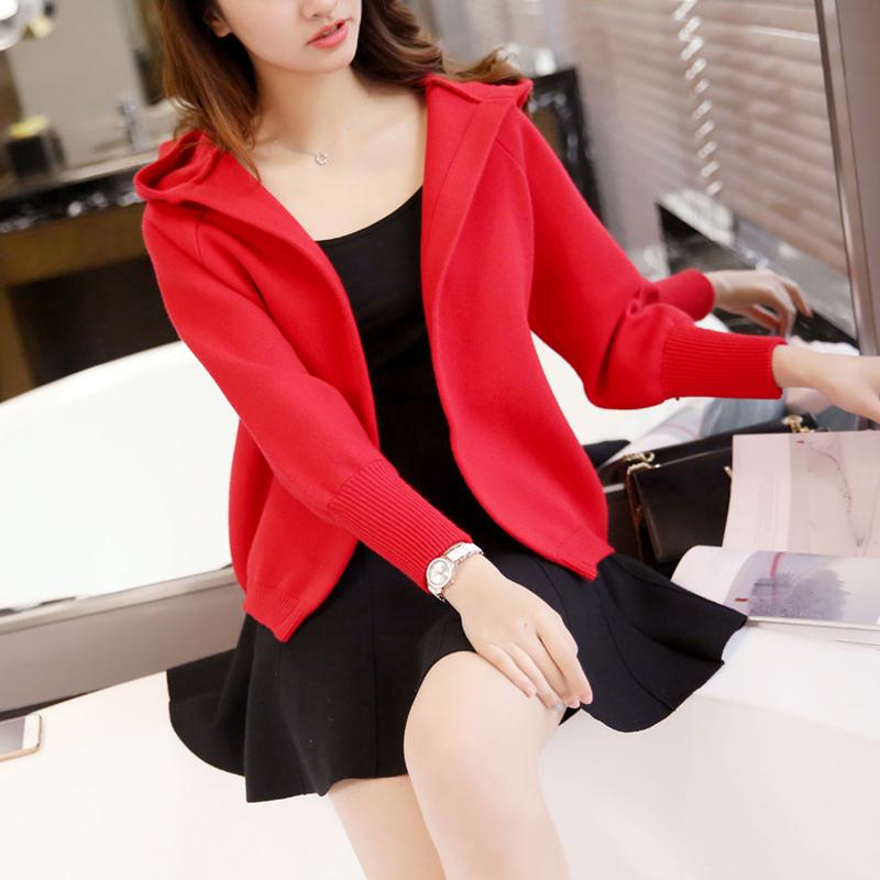 

2020 Autumn Women Kintted Hooded Coat Top Female Short Slim Cotton Basic Tops Outwear Girl's Sweet Candy Colors Loose Cardigan, Orange