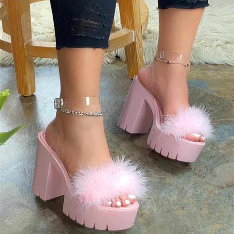 

Women's Fur High Heels New Women Platform Plush Sandals Ladies Buckle Pumps Female Non Slip Footwear Woman Shoes Plus Size, Black