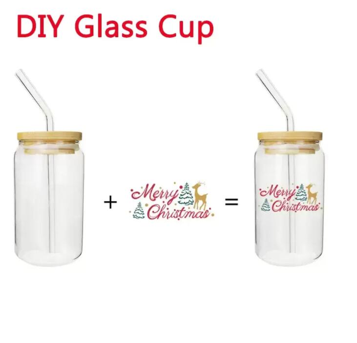

12oz 16oz Sublimation Clear Glass Cups 16oz Can Shaped Wine Tumbler Bamboo Lid Cocktail Cup Ice Cola Jar Home Straw Mug, As pic