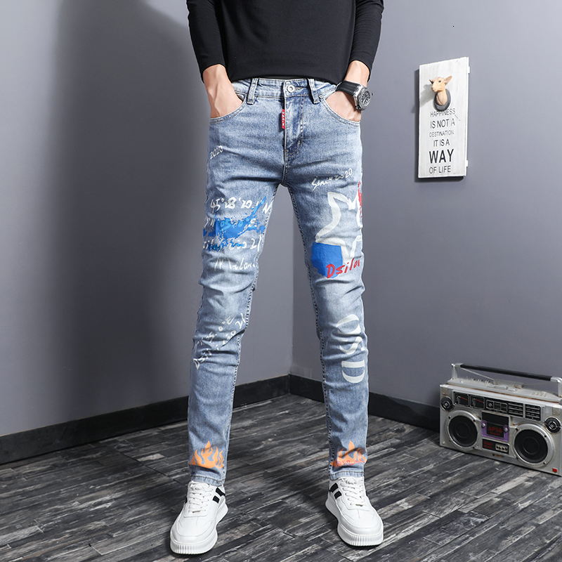 

2021 New Fashion Streetwear Men Jeans Light Blue Elastic Slim Fit Printed Denim Punk Trousers Designer Hip Hop Cotton Pencil Pants Hombre Kd