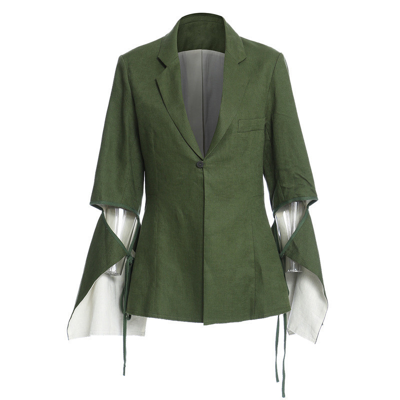 

2021 New Female Blazers Autumn Chic Enlargement a Flax Button Cotton Army Greey Jacket Ol'mujer Bleizer M04Y, Green.