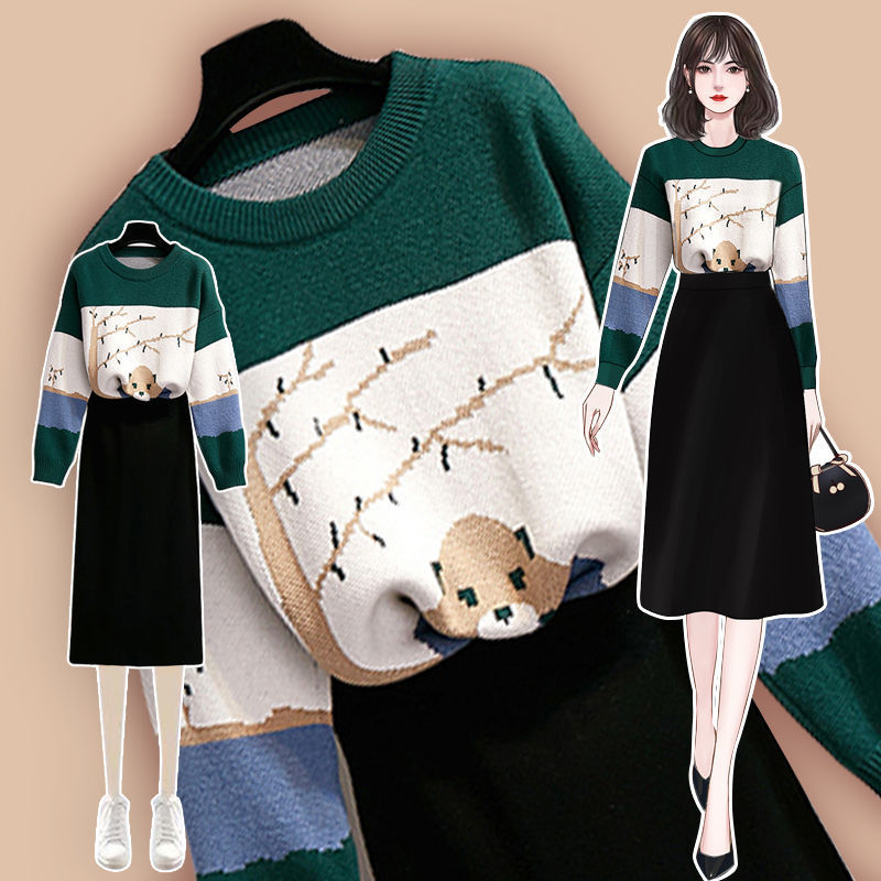 

2021 Knitted Outfit New Spring Autumn Women's Sweater Pullovers+ Bodycon Pencil Skirt Two Piece Sets Fashion Women Warm Suit 658 W4rt, Photo color