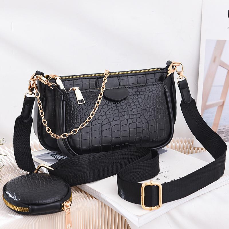 

Fashion Crocodile pattern Women's Shoulder Bag Designer 3 pcs/Set Chain Crossbody Messenger Bags Lady Alligator Wide Strap Purse, Beige