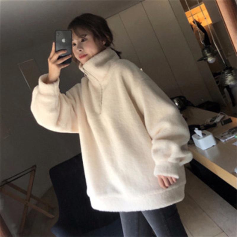 

2020 Autumn Winter Women Hoodies Fashion Zipper Casual Female Long Sleeve Loose Pullovers Soild Color Half High Neck Cool, Black