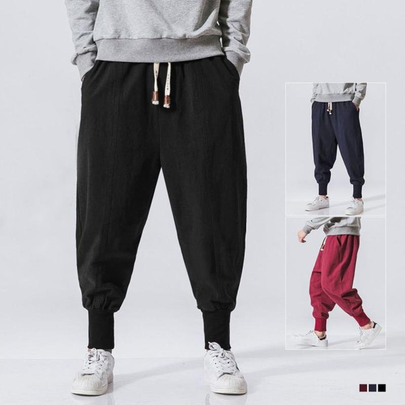 

Men's Pants Leisure Loose Harem Big Size 2022 Hip-Hop Style Solid Linen Sport Long Elastic Waist Pantalones De Hombre, Black