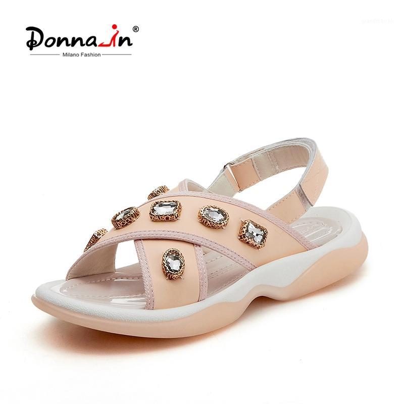 

Donna-in Genuine Leather Women Sandals Flat Casual With Rhinestones Summer Sandals 2020 Back Strap Cozy Pink Beige Shoes1