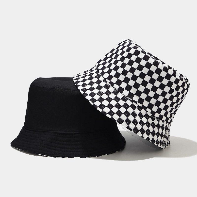 

2021 New Cap Black White Grid Bucket Hat Flat Fishing Hat Hip-Hop Plaid Cap Hats Autumn Fisherman For Women Girls, Black and red