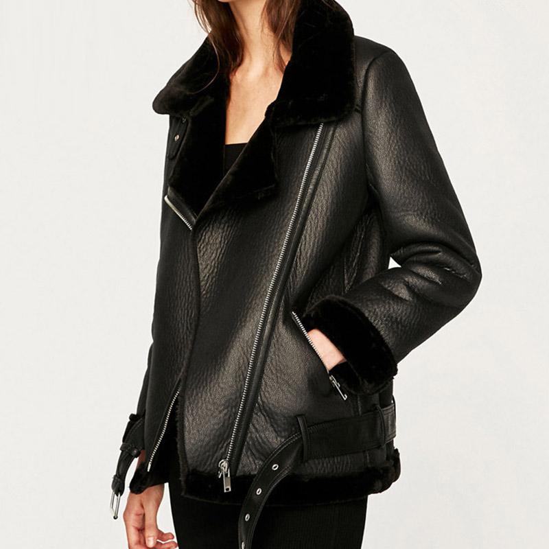 

Warm Women's Winter Motorcycle Velvet Jacket Female Short Lapels Fur Thick Version Plus Jacket Faux fur one thick leather, Black