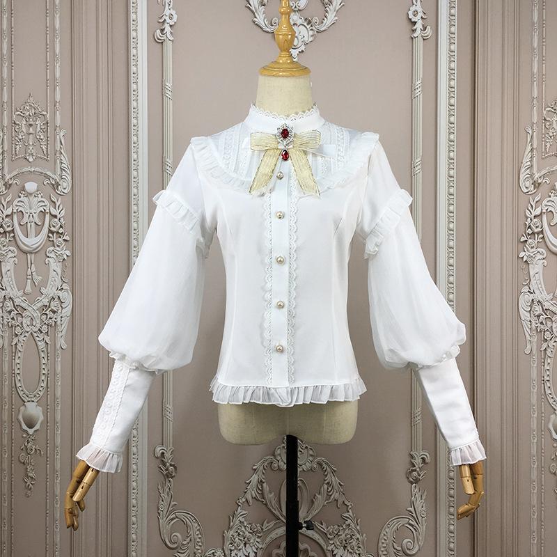 

Vintage Bishop Sleeve Lolita Top Stand Collar Chiffon Blouse, Beige