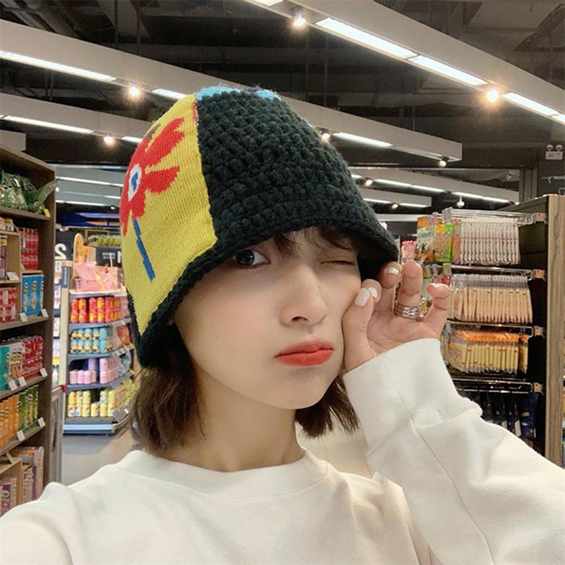 

Knitted Fisherman Hat Women Autumn Winter Fashion Versatile Japanese Style Bucket Hat Flower Patch Pot Cap Vintage, Black