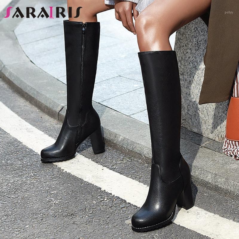 

SARAIRIS New Office Lady Fashion High Wide Heels Boots Women Elegant Black Knee High Boots Women 2020 Low Platform Shoes Woman1