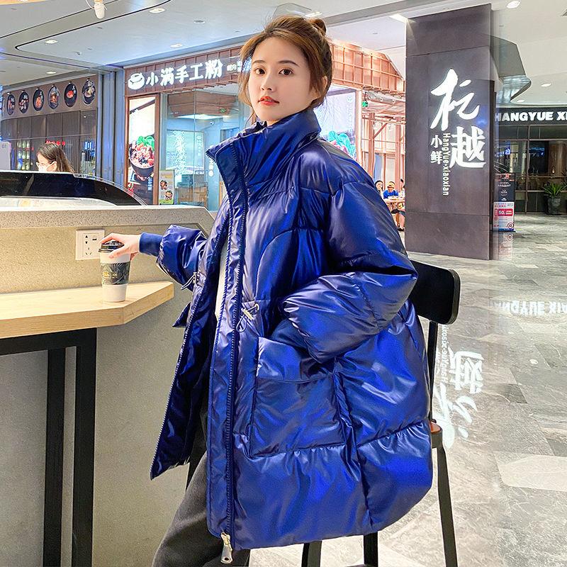 

New Winter Glossy Jacket Women Casual Loose Cotton Parkas Coat Woman Warm Down Cotton Coat Jacket Female Stand-up collar Outwear, Blue